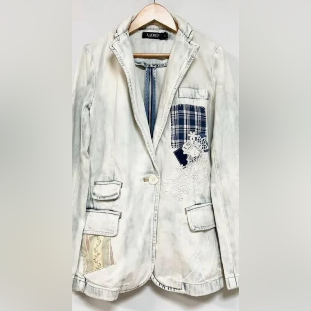 Lauren Ralph Lauren Patchwork BLEACHED Denim Blazer SZ 2 NWT